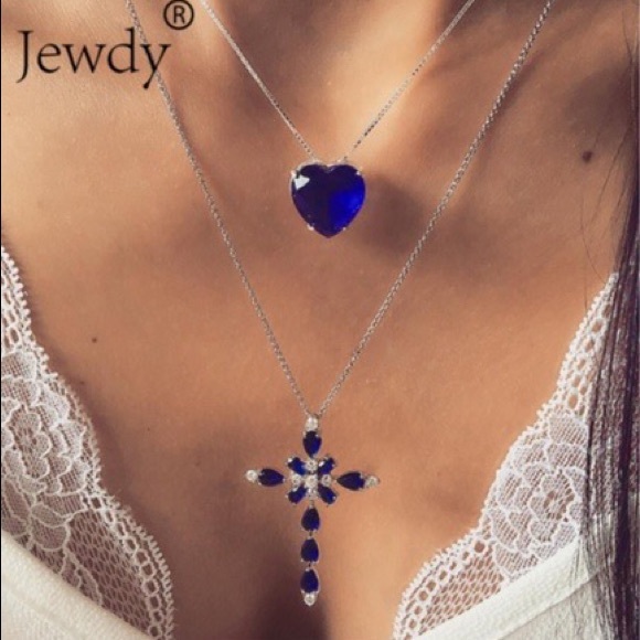 Jewelry - Sapphire Blue Two Layer Heart Cross Necklace